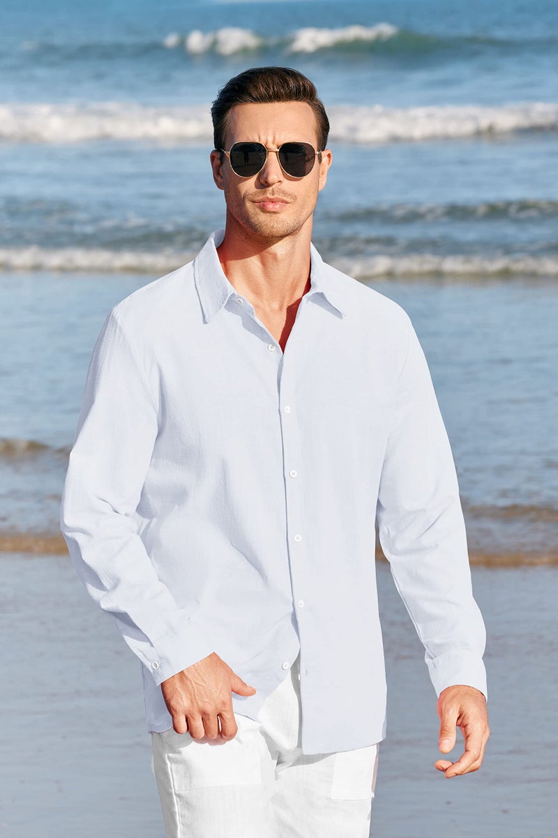 Runcati Mens Button Up Shirts Linen Beach Long Sleeve Casual Cotton Summer Lightweight Tops X-Large - Image 2